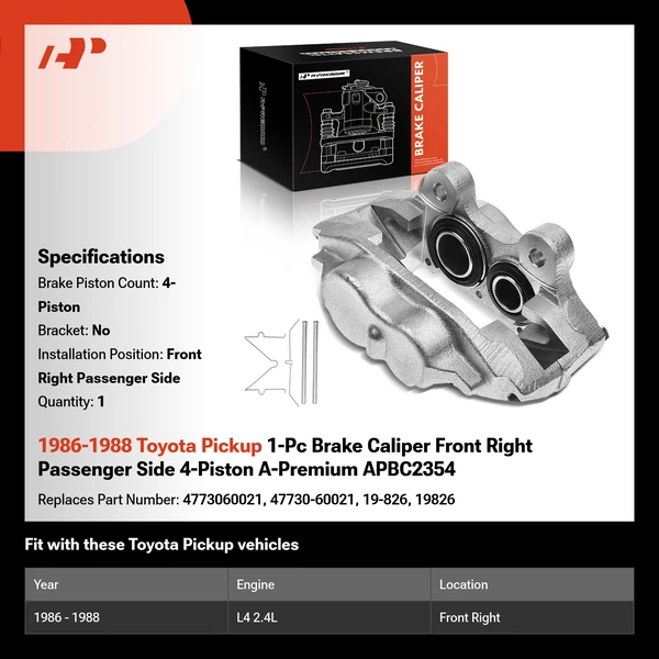 1986-1988 Toyota Pickup 1-Pc Brake Caliper Front Right Passenger Side 4-Piston A-Premium APBC2354