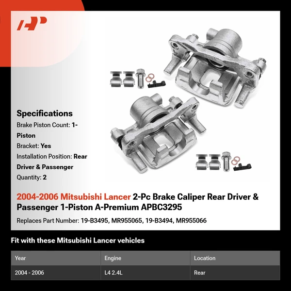 2004-2006 Mitsubishi Lancer 2-Pc Brake Caliper Rear Driver & Passenger 1-Piston A-Premium APBC3295