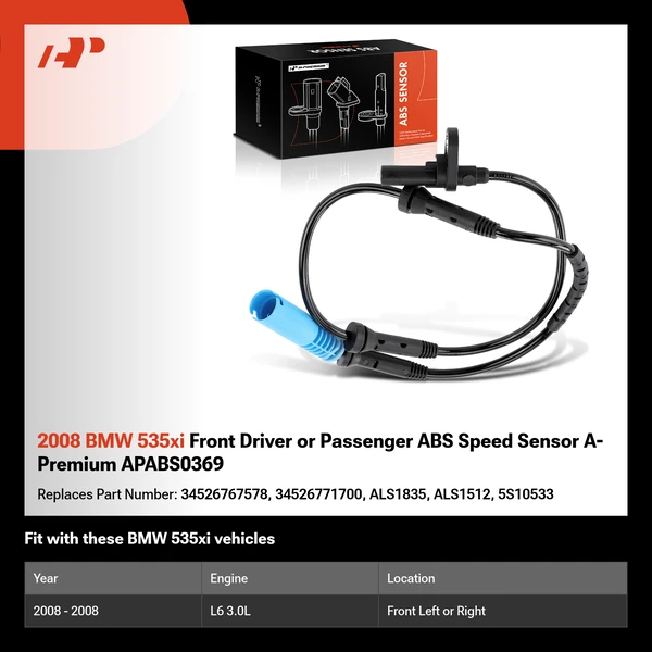 2008 BMW 535xi Front Driver or Passenger ABS Speed Sensor A-Premium APABS0369