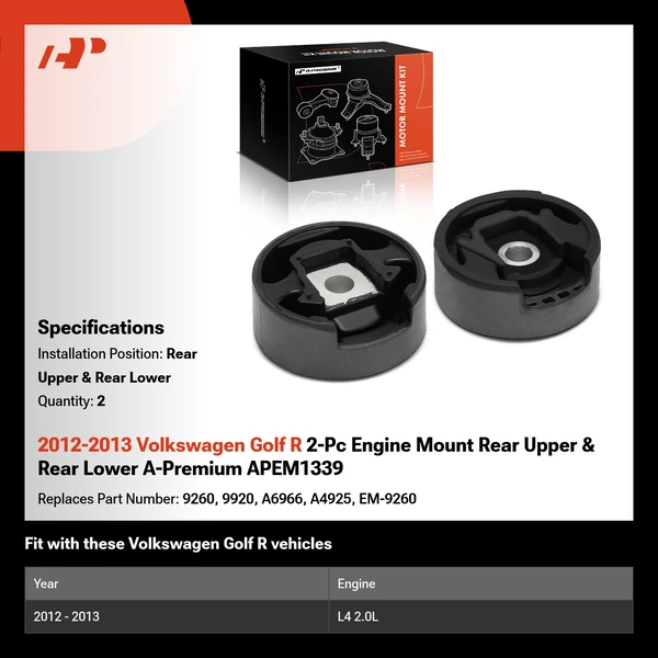 2012-2013 Volkswagen Golf R 2-Pc Engine Mount Rear Upper & Rear Lower A-Premium APEM1339