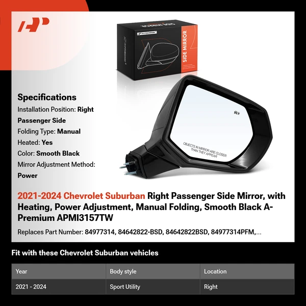 2021-2024 Chevrolet Suburban Right Passenger Side Mirror, with Heating, Power Adjustment, Manual Folding, Smooth Black A-Premium APMI3157TW