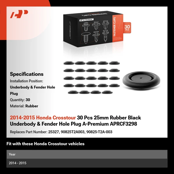 2014-2015 Honda Crosstour 30 Pcs 25mm Rubber Black Underbody & Fender Hole Plug A-Premium APRCF3298