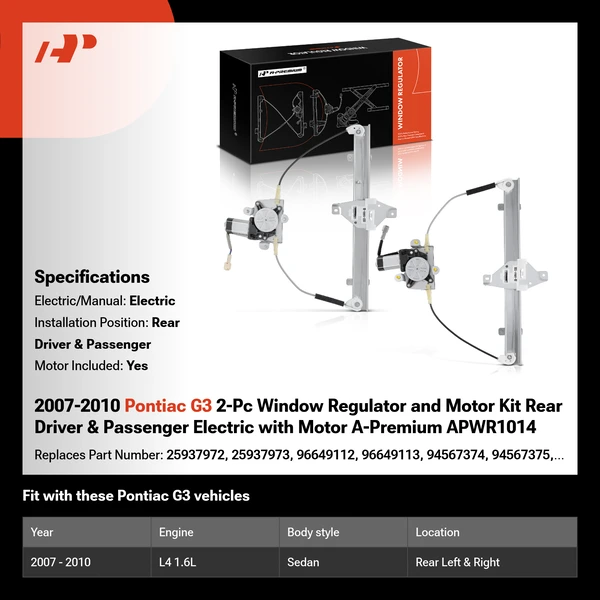 2007-2010 Pontiac G3 2-Pc Window Regulator and Motor Kit Rear Driver & Passenger Electric with Motor A-Premium APWR1014