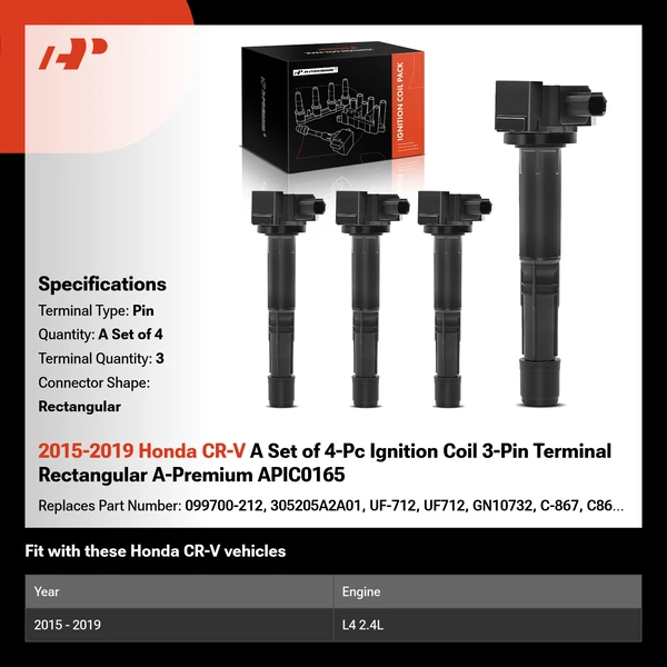 2015-2019 Honda CR-V A Set of 4-Pc Ignition Coil 3-Pin Terminal Rectangular A-Premium APIC0165