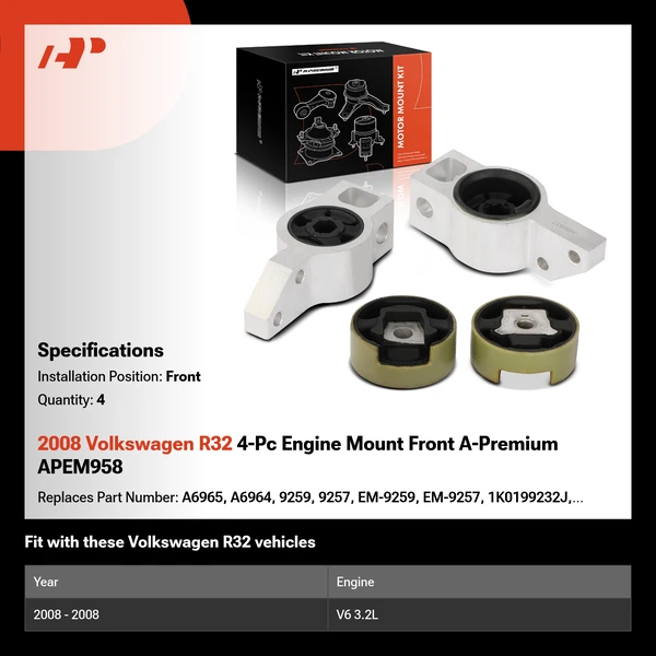 2008 Volkswagen R32 4-Pc Engine Mount Front A-Premium APEM958