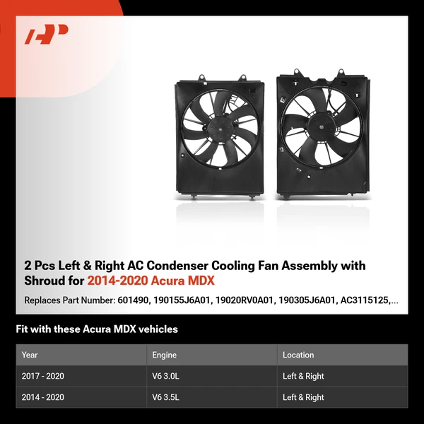2 Pcs Left & Right AC Condenser Cooling Fan Assembly with Shroud for 2014-2020 Acura MDX