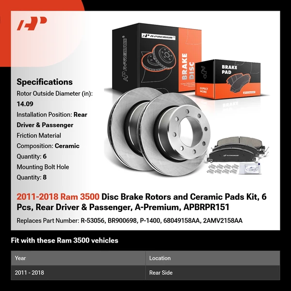 2011-2018 Ram 3500 Disc Brake Rotors and Ceramic Pads Kit, 6 Pcs, Rear Driver & Passenger, A-Premium, APBRPR151