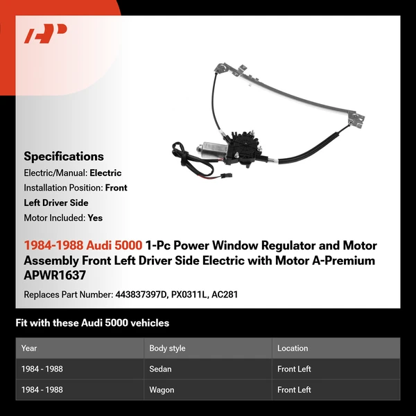 1984-1988 Audi 5000 1-Pc Power Window Regulator and Motor Assembly Front Left Driver Side Electric with Motor A-Premium APWR1637