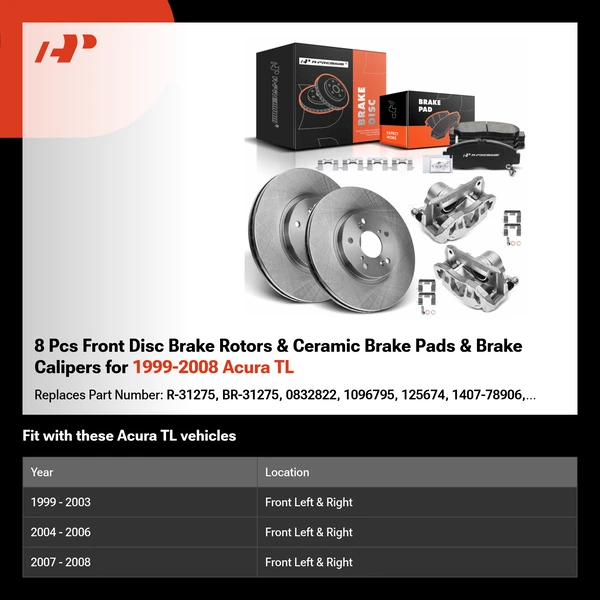 8 Pcs Front Disc Brake Rotors & Ceramic Brake Pads & Brake Calipers for 1999-2008 Acura TL