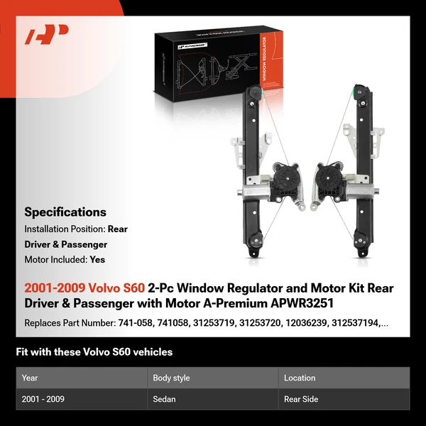 2001-2009 Volvo S60 2-Pc Window Regulator and Motor Kit Rear Driver & Passenger with Motor A-Premium APWR3251