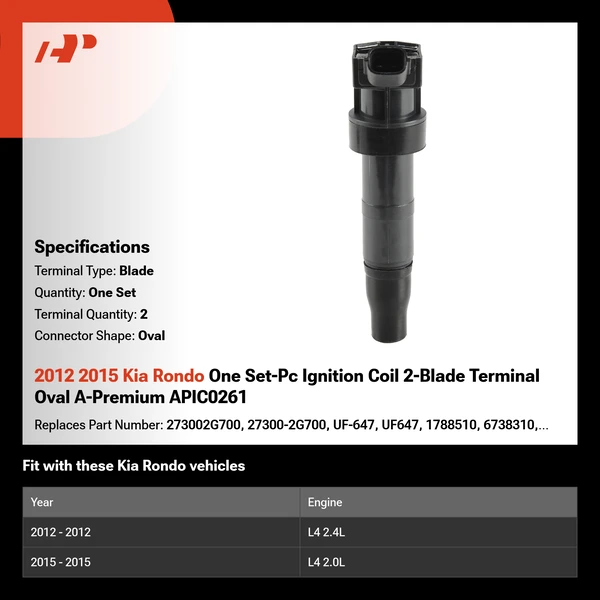 2012 2015 Kia Rondo One Set-Pc Ignition Coil 2-Blade Terminal Oval A-Premium APIC0261