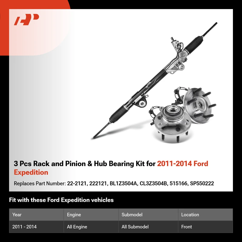 3 Pcs Rack and Pinion & Hub Bearing Kit for 2011-2014 Ford Expedition