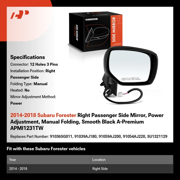 2014-2018 Subaru Forester Right Passenger Side Mirror, Power Adjustment, Manual Folding, Smooth Black A-Premium APMI1231TW