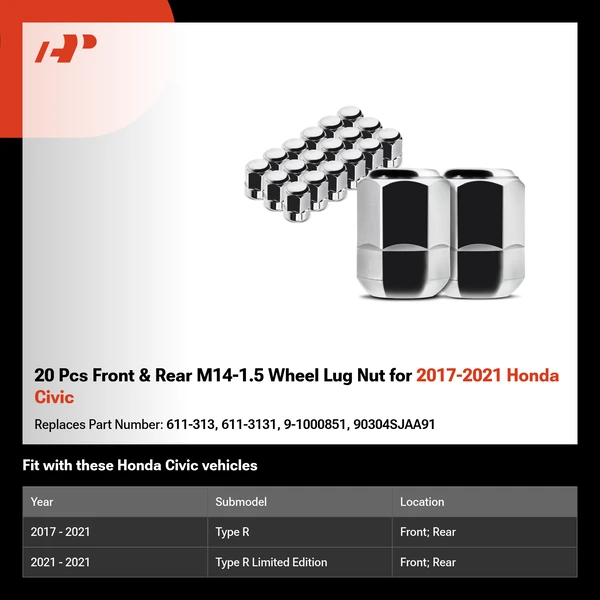 20 Pcs Front & Rear M14-1.5 Wheel Lug Nut for 2017-2021 Honda Civic