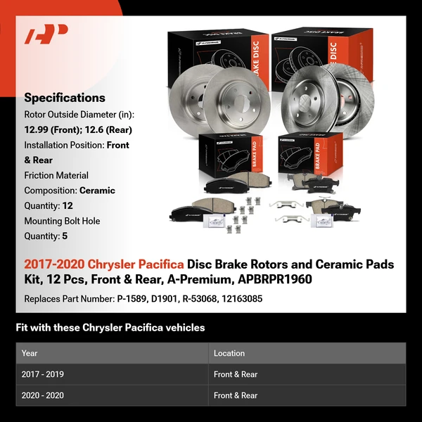 2017-2020 Chrysler Pacifica Disc Brake Rotors and Ceramic Pads Kit, 12 Pcs, Front & Rear, A-Premium, APBRPR1960
