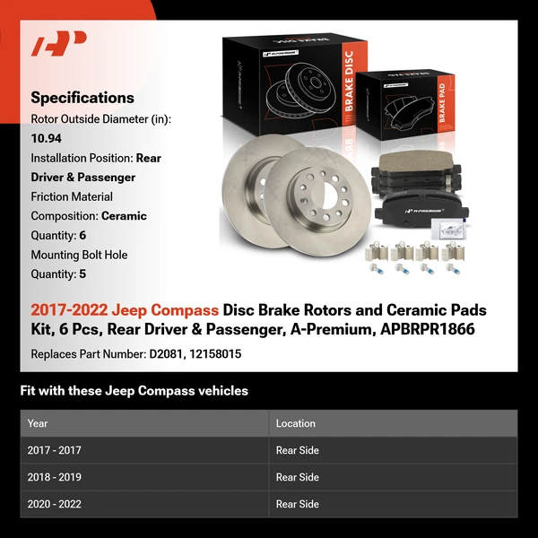 2017-2022 Jeep Compass Disc Brake Rotors and Ceramic Pads Kit, 6 Pcs, Rear Driver & Passenger, A-Premium, APBRPR1866