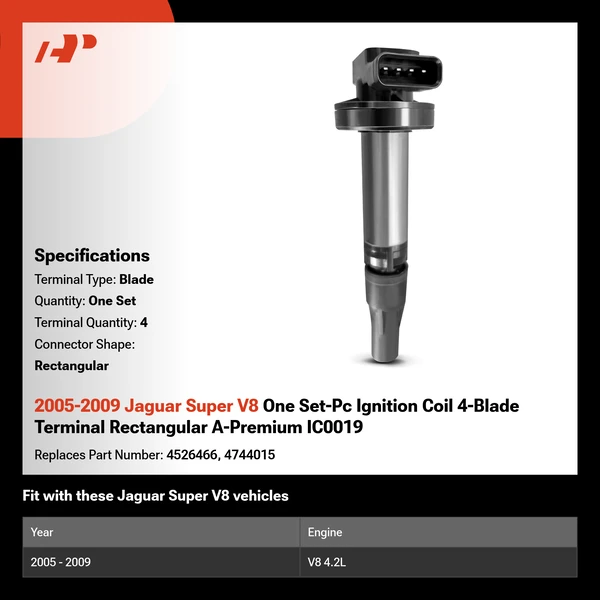 2005-2009 Jaguar Super V8 One Set-Pc Ignition Coil 4-Blade Terminal Rectangular A-Premium IC0019