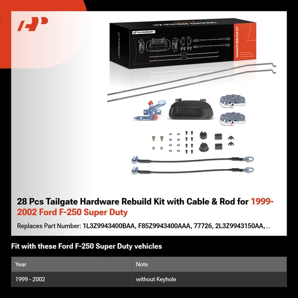 28 Pcs Tailgate Hardware Rebuild Kit with Cable & Rod for 1999-2002 Ford F-250 Super Duty