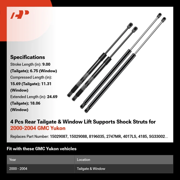 4 Pcs Rear Tailgate & Window Lift Supports Shock Struts for 2000-2004 GMC Yukon