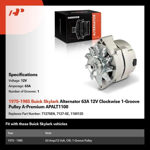 1975-1985 Buick Skylark Alternator 63A 12V Clockwise 1-Groove Pulley A-Premium APALT1100