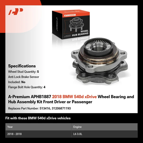 A-Premium APHB1887 2018 BMW 540d xDrive Wheel Bearing and Hub Assembly Kit Front Driver or Passenger