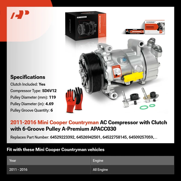 2011-2016 Mini Cooper Countryman AC Compressor with Clutch with 6-Groove Pulley A-Premium APACC030