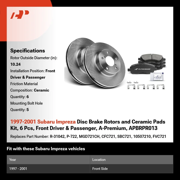 1997-2001 Subaru Impreza Disc Brake Rotors and Ceramic Pads Kit, 6 Pcs, Front Driver & Passenger, A-Premium, APBRPR013