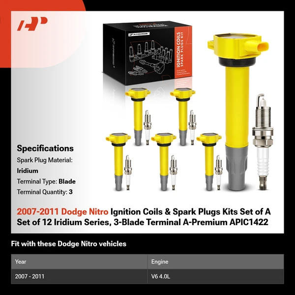 2007-2011 Dodge Nitro Ignition Coils & Spark Plugs Kits Set of A Set of 12 Iridium Series, 3-Blade Terminal A-Premium APIC1422