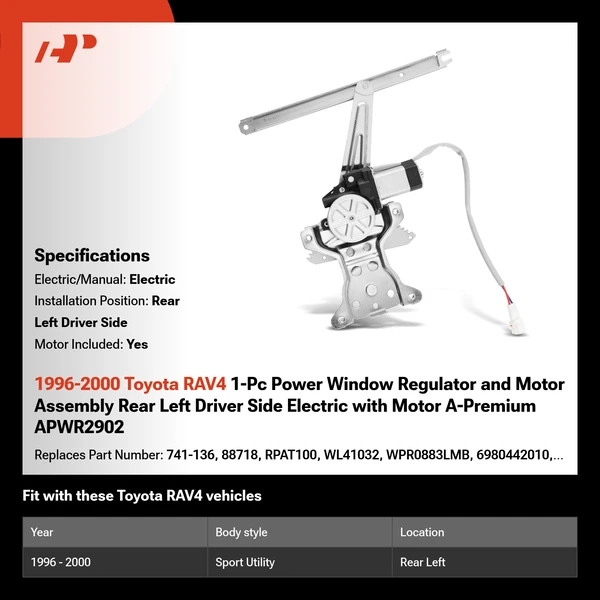 1996-2000 Toyota RAV4 1-Pc Power Window Regulator and Motor Assembly Rear Left Driver Side Electric with Motor A-Premium APWR2902