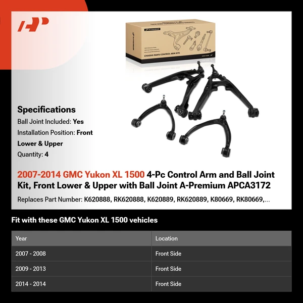 2007-2014 GMC Yukon XL 1500 4-Pc Control Arm and Ball Joint Kit, Front Lower & Upper with Ball Joint A-Premium APCA3172