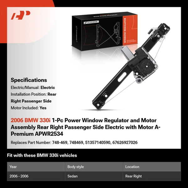 2006 BMW 330i 1-Pc Power Window Regulator and Motor Assembly Rear Right Passenger Side Electric with Motor A-Premium APWR2534