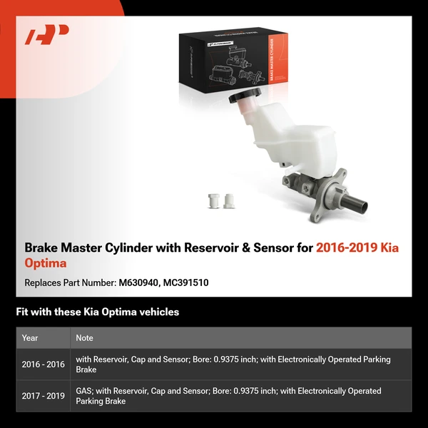 Brake Master Cylinder with Reservoir & Sensor for 2016-2019 Kia Optima