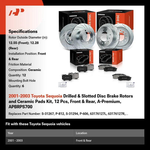2001-2003 Toyota Sequoia Drilled & Slotted Disc Brake Rotors and Ceramic Pads Kit, 12 Pcs, Front & Rear, A-Premium, APBRPS700