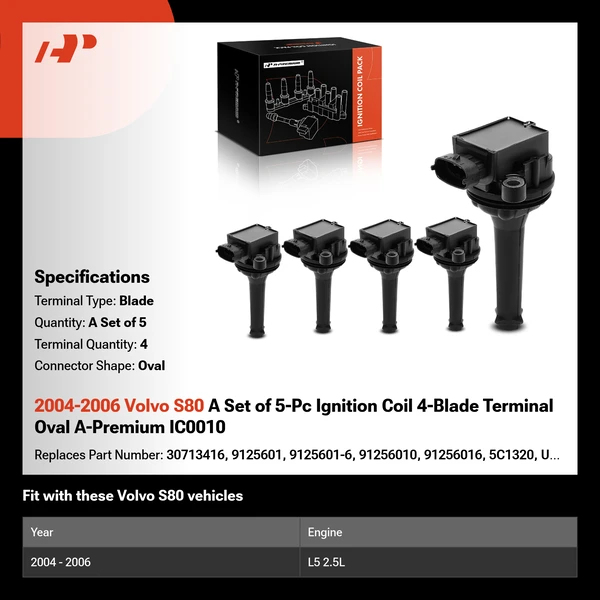 2004-2006 Volvo S80 A Set of 5-Pc Ignition Coil 4-Blade Terminal Oval A-Premium IC0010