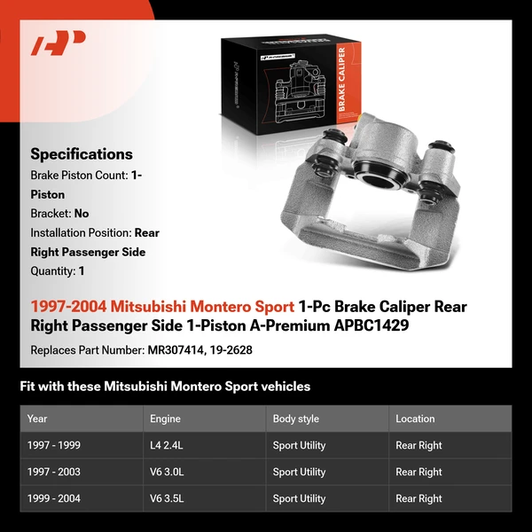 1997-2004 Mitsubishi Montero Sport 1-Pc Brake Caliper Rear Right Passenger Side 1-Piston A-Premium APBC1429
