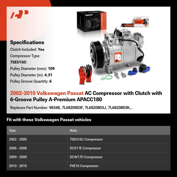 2002-2010 Volkswagen Passat AC Compressor with Clutch with 6-Groove Pulley A-Premium APACC180
