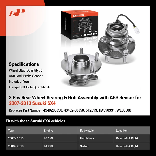 2 Pcs Rear Wheel Bearing & Hub Assembly with ABS Sensor for 2007-2013 Suzuki SX4