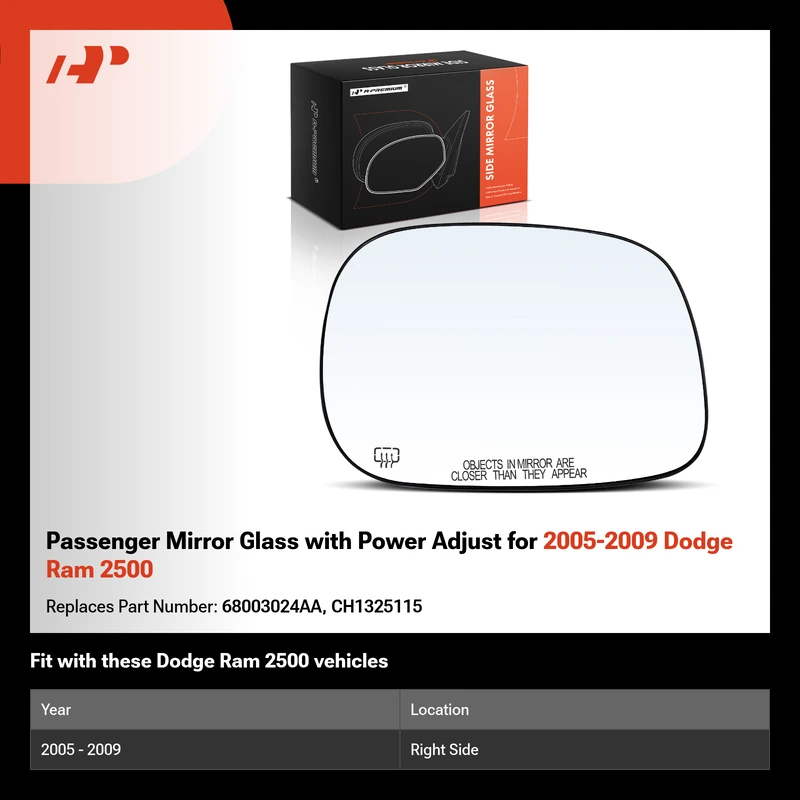 Passenger Mirror Glass with Power Adjust for 2005-2009 Dodge Ram 2500