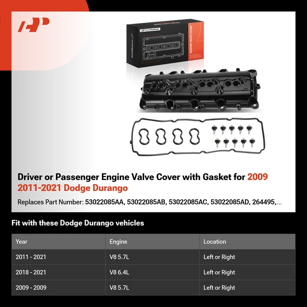 Driver or Passenger Engine Valve Cover with Gasket for 2009 2011-2021 Dodge Durango
