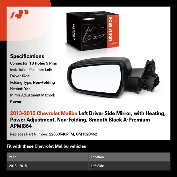 2013-2015 Chevrolet Malibu Left Driver Side Mirror, with Heating, Power Adjustment, Non-Folding, Smooth Black A-Premium APMI864