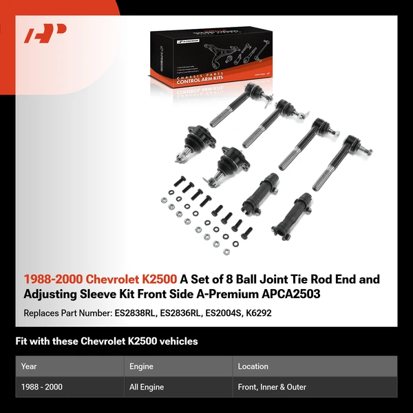 1988-2000 Chevrolet K2500 A Set of 8 Ball Joint Tie Rod End and Adjusting Sleeve Kit Front Side A-Premium APCA2503