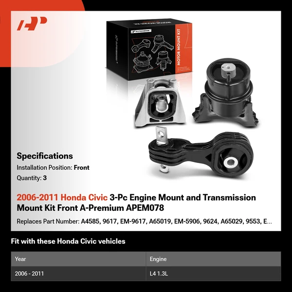 2006-2011 Honda Civic 3-Pc Engine Mount and Transmission Mount Kit Front A-Premium APEM078