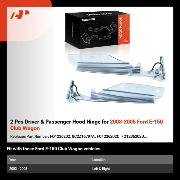 2 Pcs Driver & Passenger Hood Hinge for 2003-2005 Ford E-150 Club Wagon