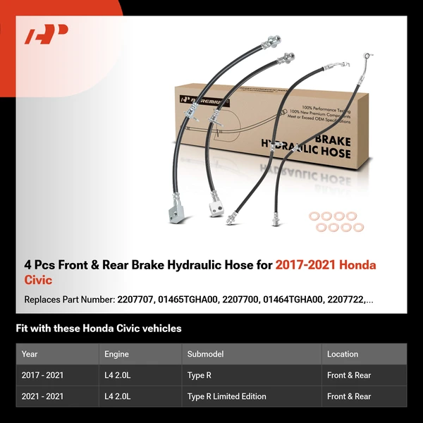 4 Pcs Front & Rear Brake Hydraulic Hose for 2017-2021 Honda Civic