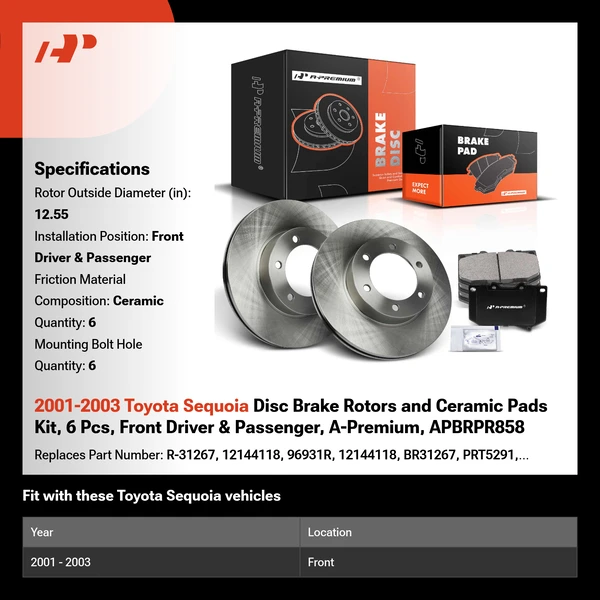 2001-2003 Toyota Sequoia Disc Brake Rotors and Ceramic Pads Kit, 6 Pcs, Front Driver & Passenger, A-Premium, APBRPR858