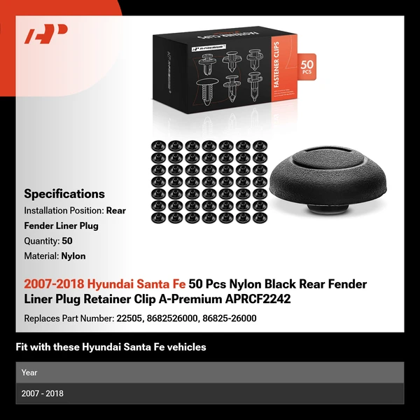 2007-2018 Hyundai Santa Fe 50 Pcs Nylon Black Rear Fender Liner Plug Retainer Clip A-Premium APRCF2242