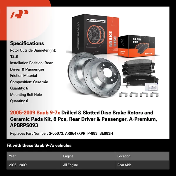 2005-2009 Saab 9-7x Drilled & Slotted Disc Brake Rotors and Ceramic Pads Kit, 6 Pcs, Rear Driver & Passenger, A-Premium, APBRPS093