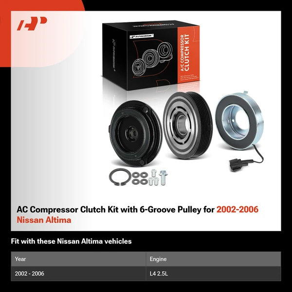 AC Compressor Clutch Kit with 6-Groove Pulley for 2002-2006 Nissan Altima