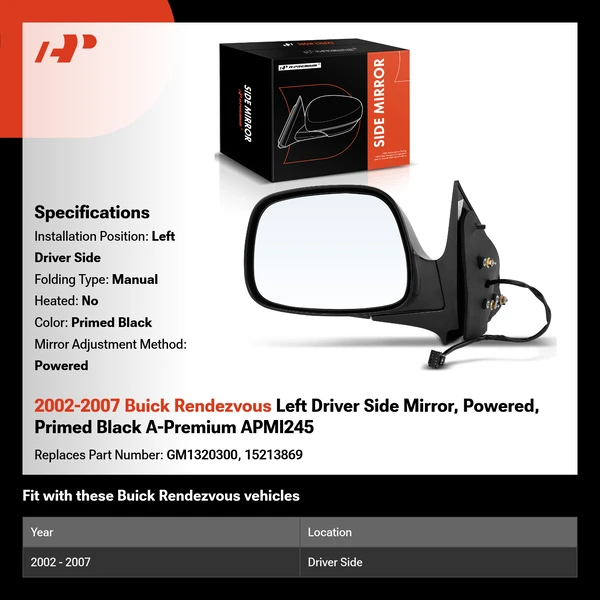 2002-2007 Buick Rendezvous Left Driver Side Mirror, Powered, Primed Black A-Premium APMI245