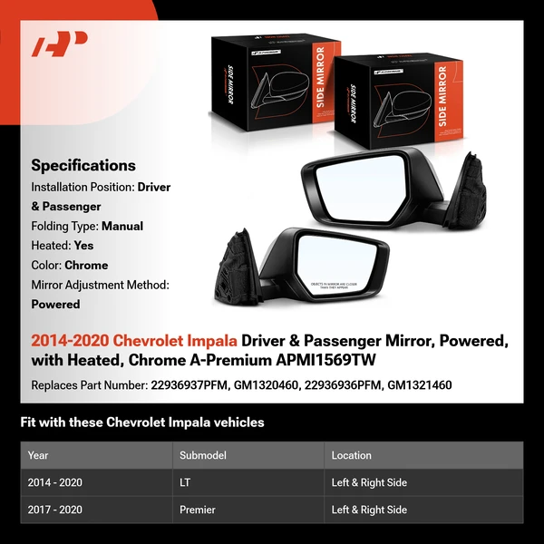 2014-2020 Chevrolet Impala Driver & Passenger Mirror, Powered, with Heated, Chrome A-Premium APMI1569TW
